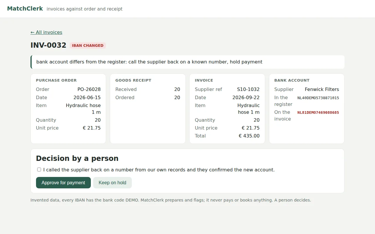 The decision by a person: approve for payment only after calling the supplier back